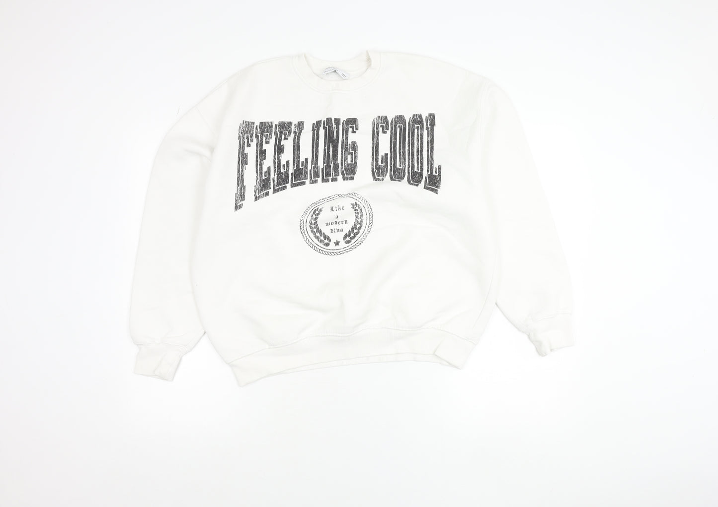 Bershka Women White Pullover Sweatshirt S Crew Neck Graphic Print 'Feeling Cool'