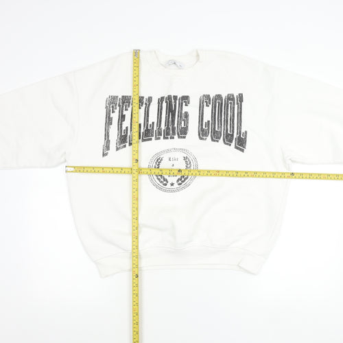 Bershka Women White Pullover Sweatshirt S Crew Neck Graphic Print 'Feeling Cool'