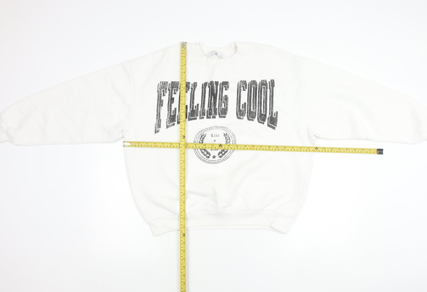 Bershka Women White Pullover Sweatshirt S Crew Neck Graphic Print 'Feeling Cool'