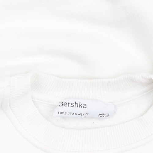 Bershka Women White Pullover Sweatshirt S Crew Neck Graphic Print 'Feeling Cool'