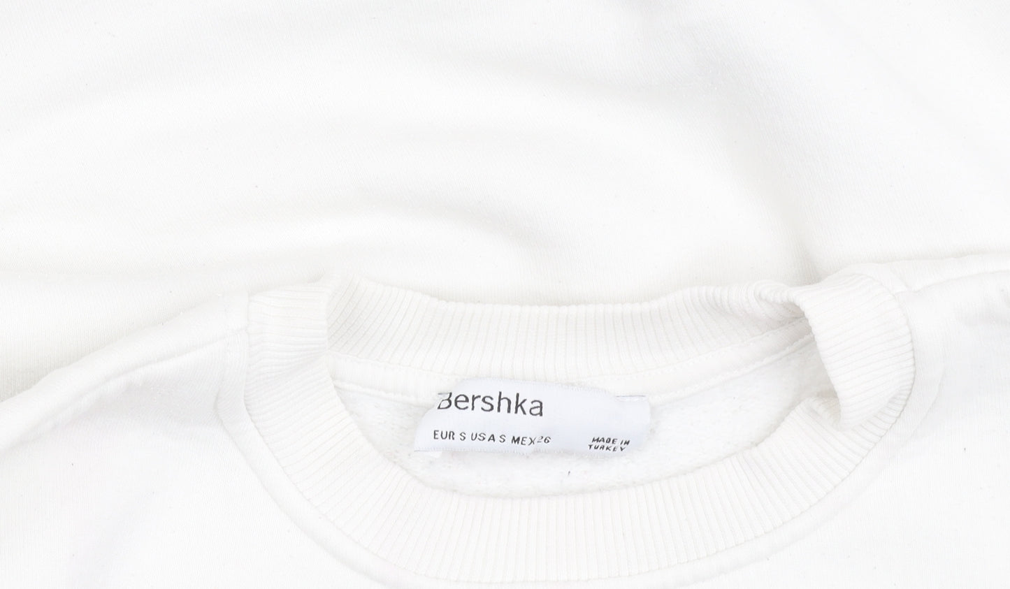 Bershka Women White Pullover Sweatshirt S Crew Neck Graphic Print 'Feeling Cool'