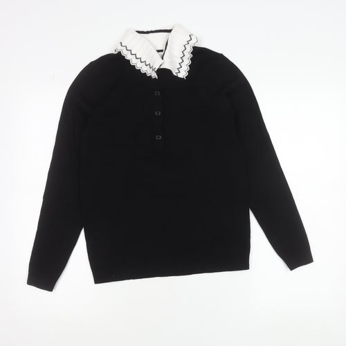 Gallery Women's Black Collared Henley Knit Jumper Size S