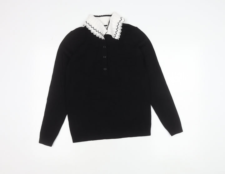 Gallery Women's Black Collared Henley Knit Jumper Size S