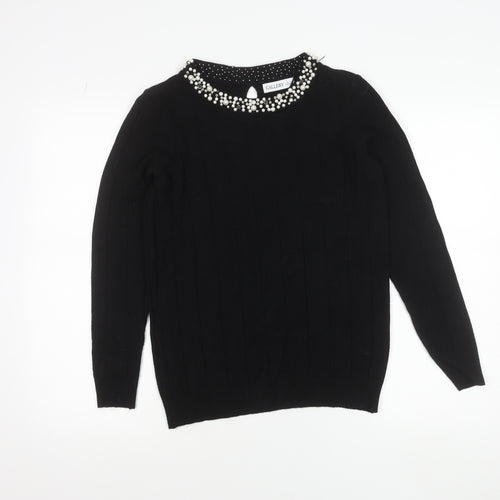 Gallery Womens Black Beaded Crew Neck Long Sleeve Knit Blouse Size S