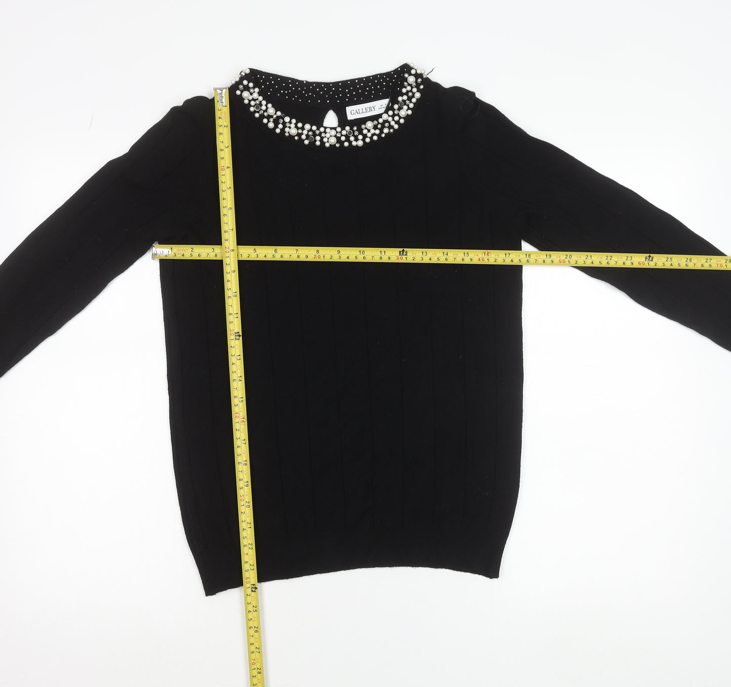Gallery Womens Black Beaded Crew Neck Long Sleeve Knit Blouse Size S