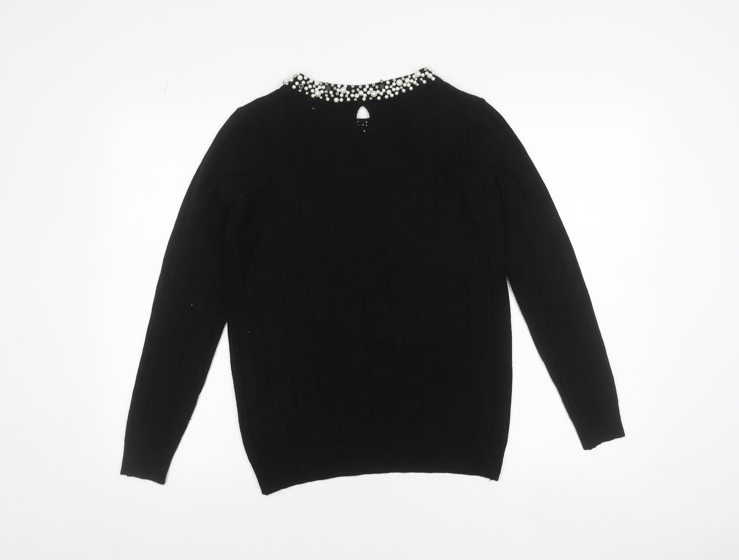 Gallery Womens Black Beaded Crew Neck Long Sleeve Knit Blouse Size S