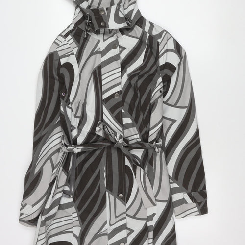ETAGE Womens Grey Geometric Hooded Rain Coat Size 8 Belted Long Polyester