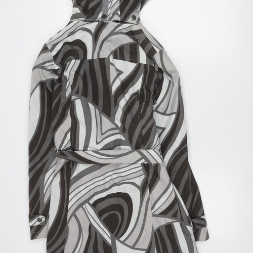 ETAGE Womens Grey Geometric Hooded Rain Coat Size 8 Belted Long Polyester