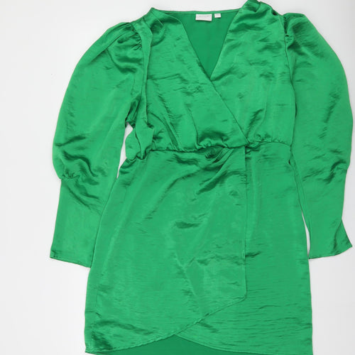 Vila Women’s Green Wrap Dress Size 14 Satin Party Long Sleeve