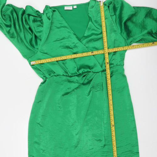 Vila Women’s Green Wrap Dress Size 14 Satin Party Long Sleeve