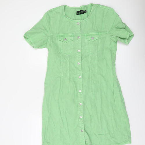Pieces Women Green Cotton Shirt Dress M Short Sleeve Casual