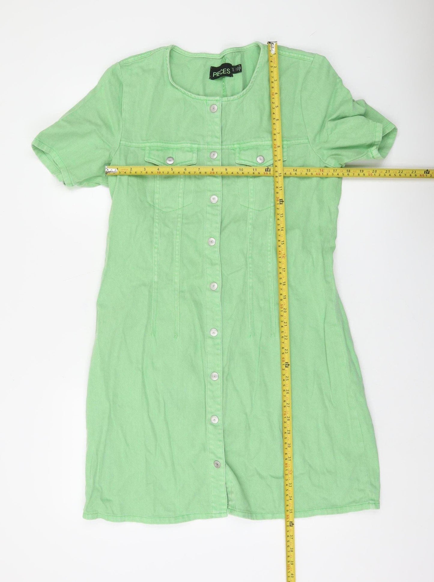 Pieces Women Green Cotton Shirt Dress M Short Sleeve Casual