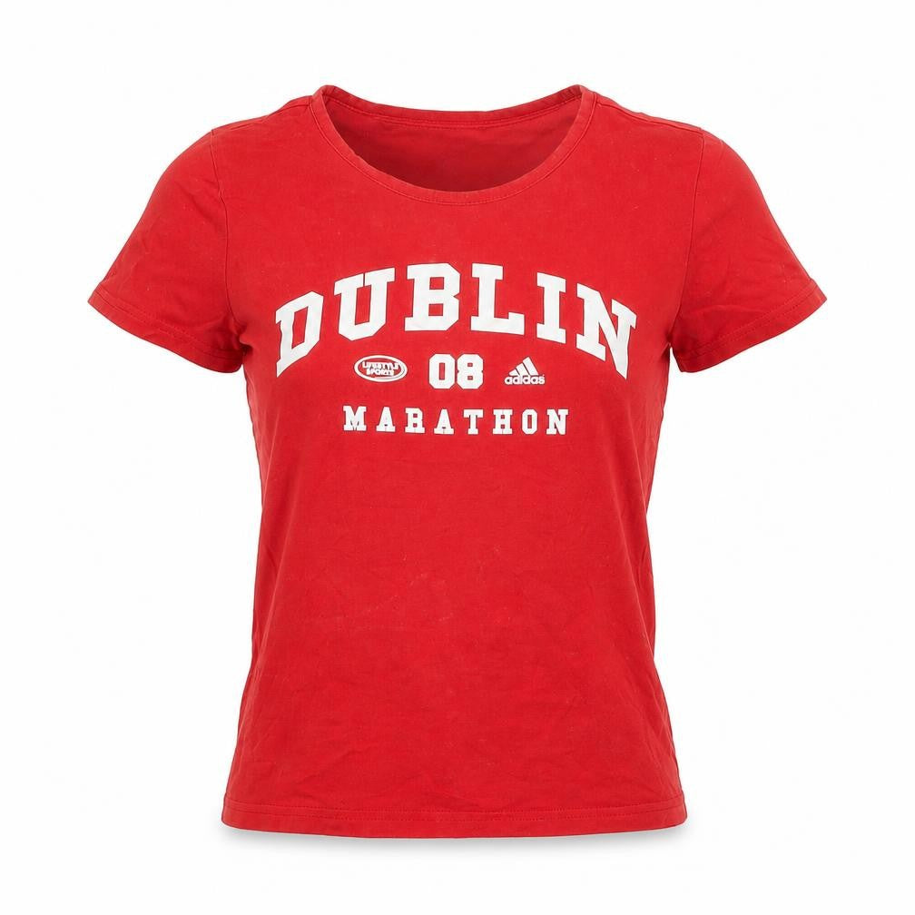 Front view of Adidas Women's Red Dublin Marathon 08 T-Shirt, size 8