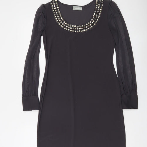 Wallis Women’s Black Beaded Neck Shift Dress Size 8 Long Sleeve