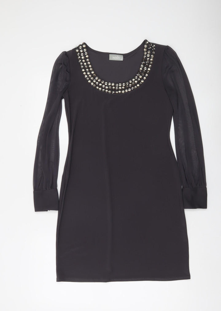 Wallis Women’s Black Beaded Neck Shift Dress Size 8 Long Sleeve