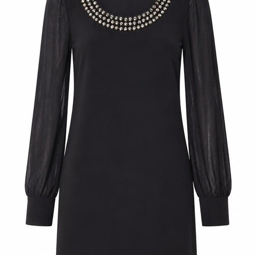 Wallis Women’s Black Beaded Neck Shift Dress Size 8 Long Sleeve