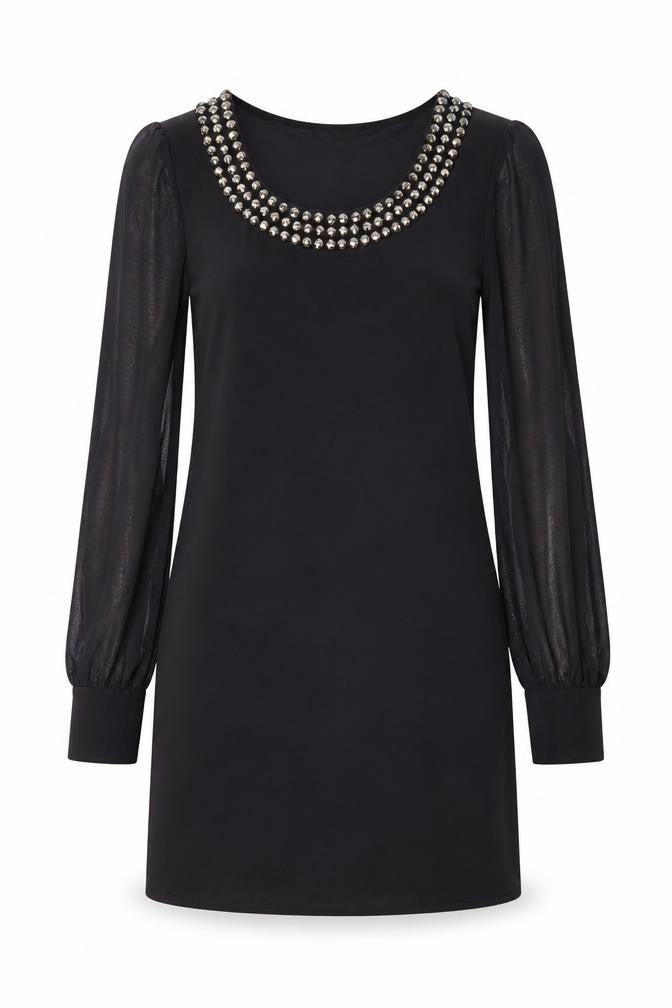 Wallis Women’s Black Beaded Neck Shift Dress Size 8 Long Sleeve