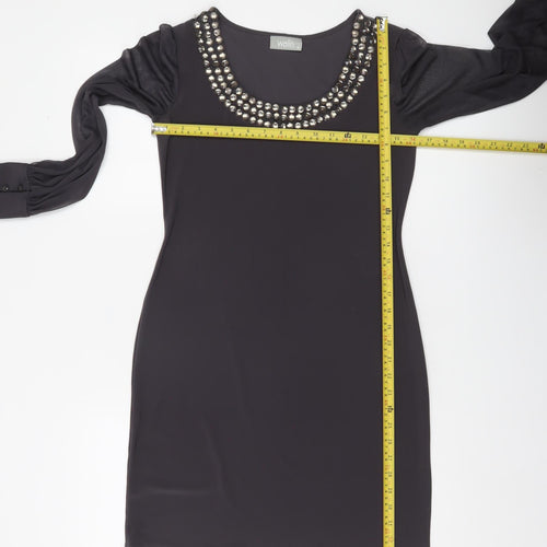Wallis Women’s Black Beaded Neck Shift Dress Size 8 Long Sleeve