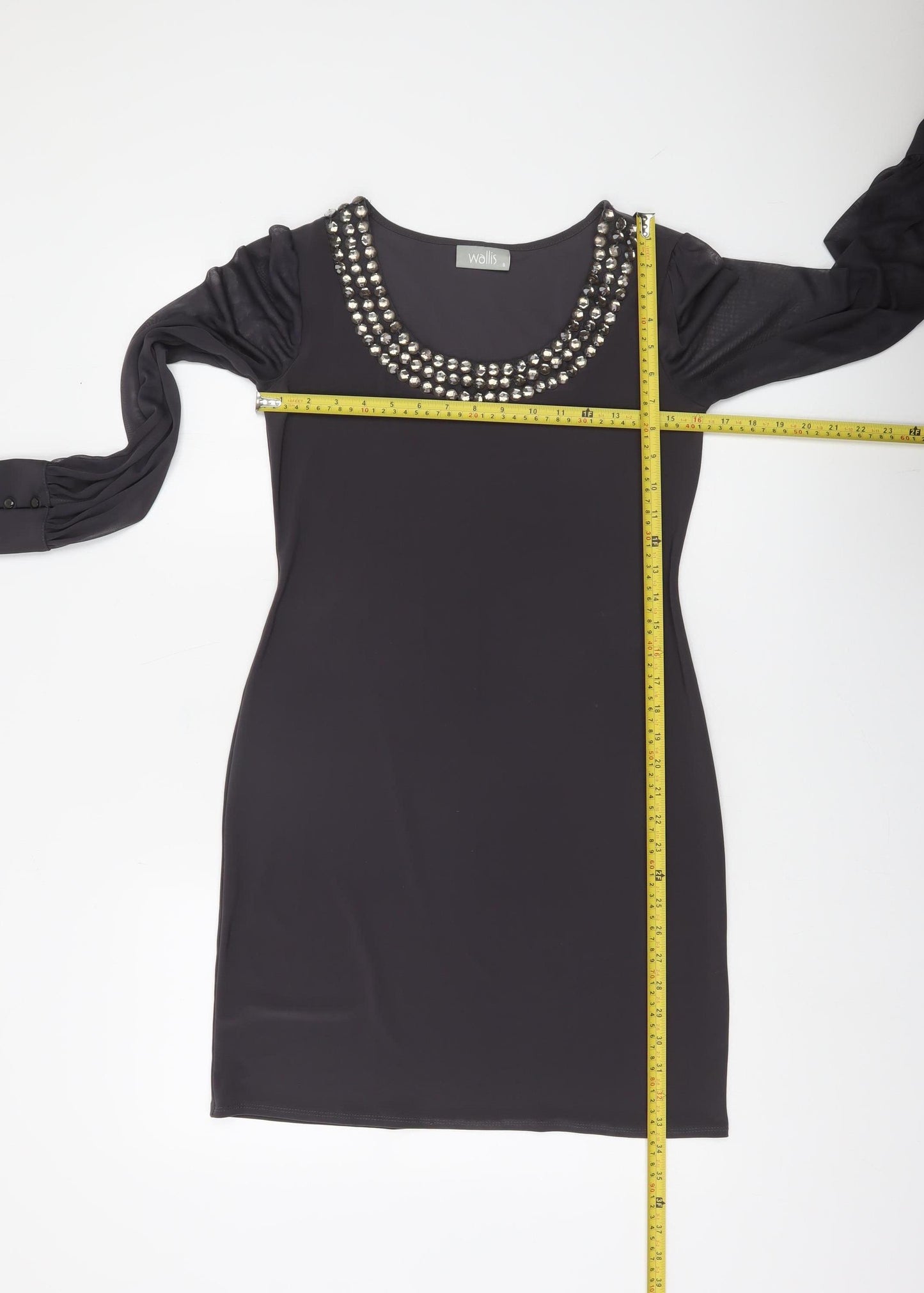 Wallis Women’s Black Beaded Neck Shift Dress Size 8 Long Sleeve