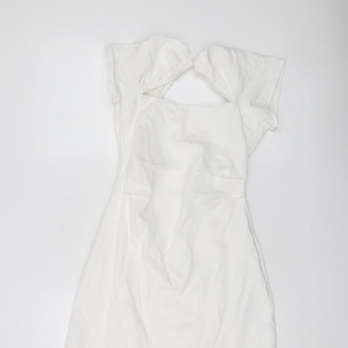 Zara Women White XS Fit & Flare Puff Sleeve Cut Out Summer Dress