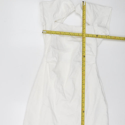 Zara Women White XS Fit & Flare Puff Sleeve Cut Out Summer Dress
