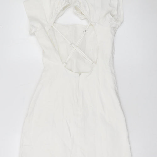 Zara Women White XS Fit & Flare Puff Sleeve Cut Out Summer Dress