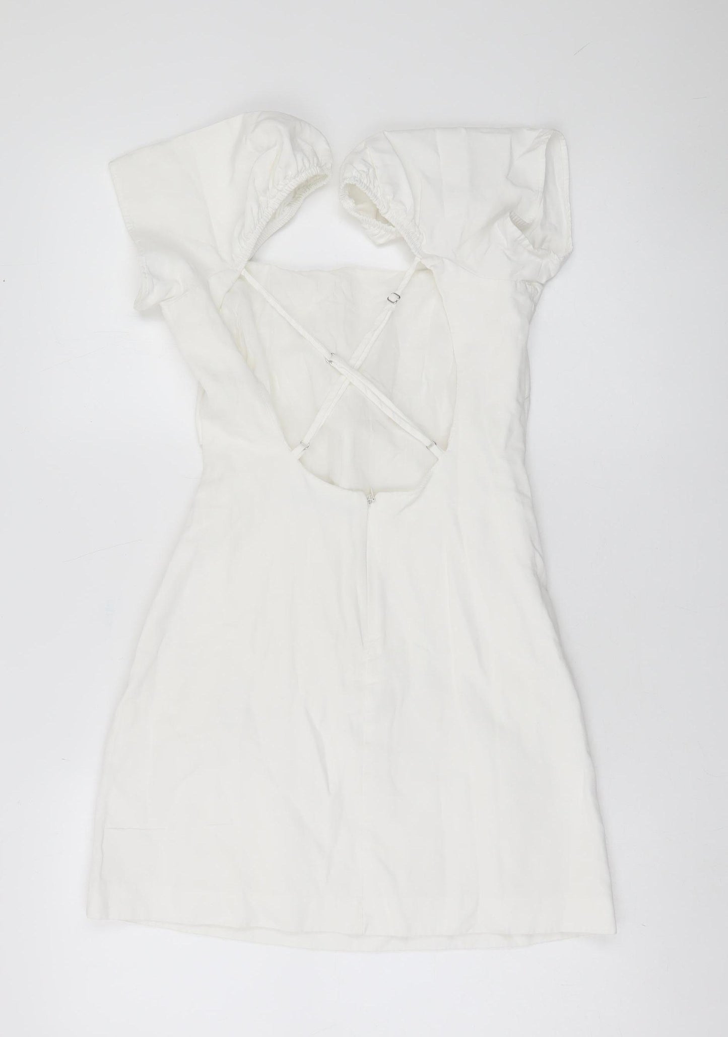 Zara Women White XS Fit & Flare Puff Sleeve Cut Out Summer Dress