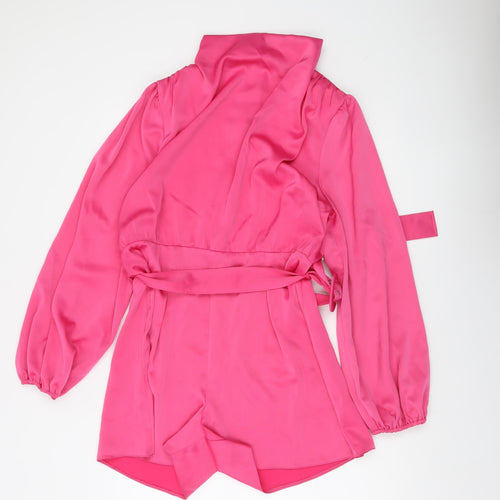 River Island Womens Pink Satin Belted Long Sleeve Playsuit Size 14
