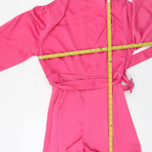River Island Womens Pink Satin Belted Long Sleeve Playsuit Size 14