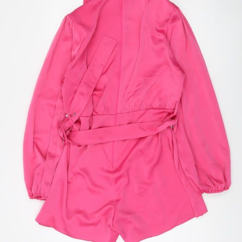 River Island Womens Pink Satin Belted Long Sleeve Playsuit Size 14