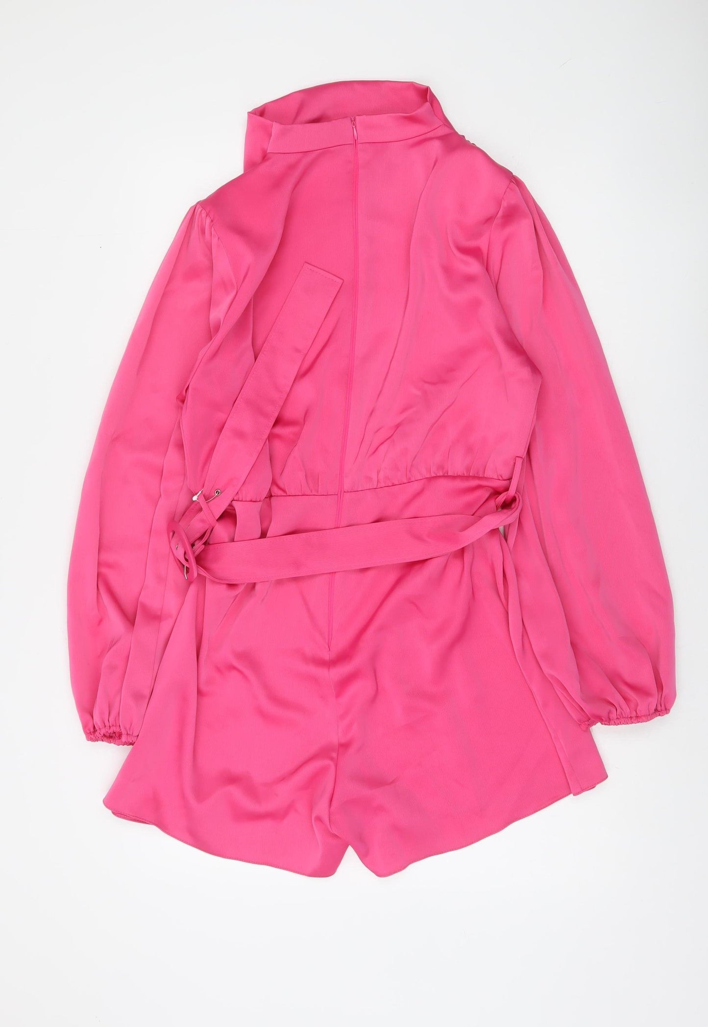 River Island Womens Pink Satin Belted Long Sleeve Playsuit Size 14