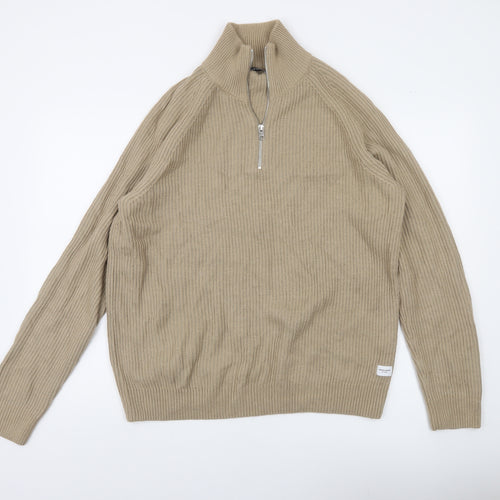 Jack & Jones Men’s Beige XL 1/2 Zip High Neck Knit Jumper