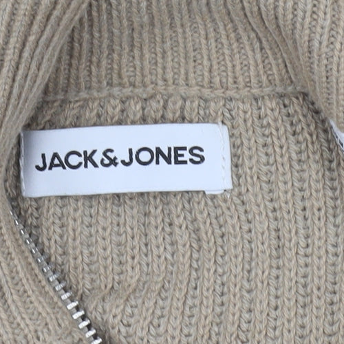 Jack & Jones Men’s Beige XL 1/2 Zip High Neck Knit Jumper
