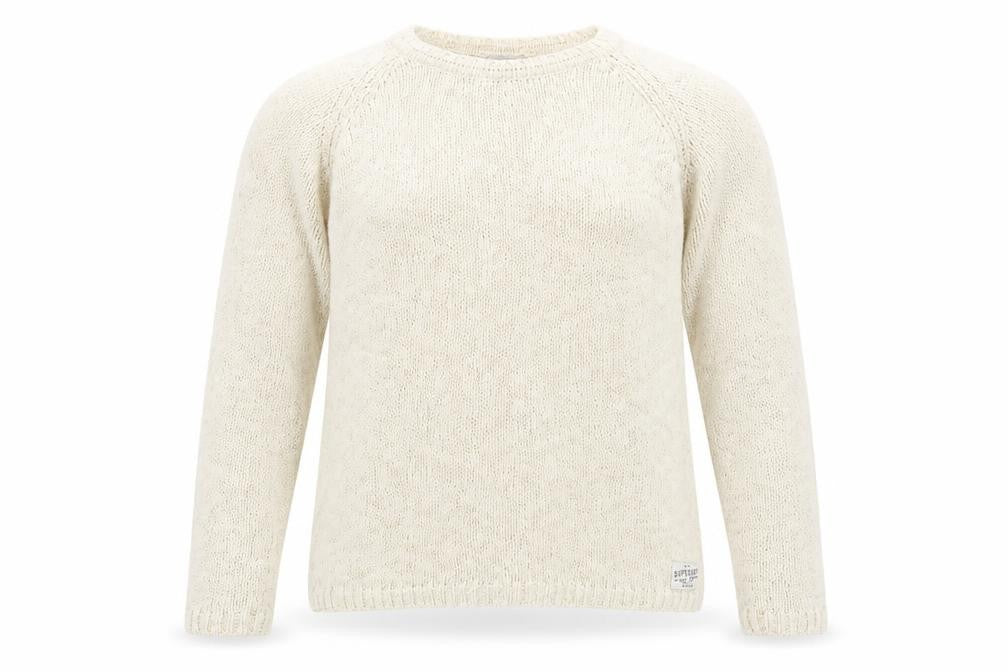 Front view of Superdry Women's Ivory Cotton Knit Jumper, size S, Crew Neck