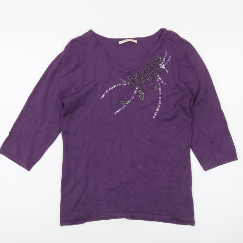 Anna Rose Women's Purple Embellished V-Neck 3/4 Sleeve Pullover Jumper S