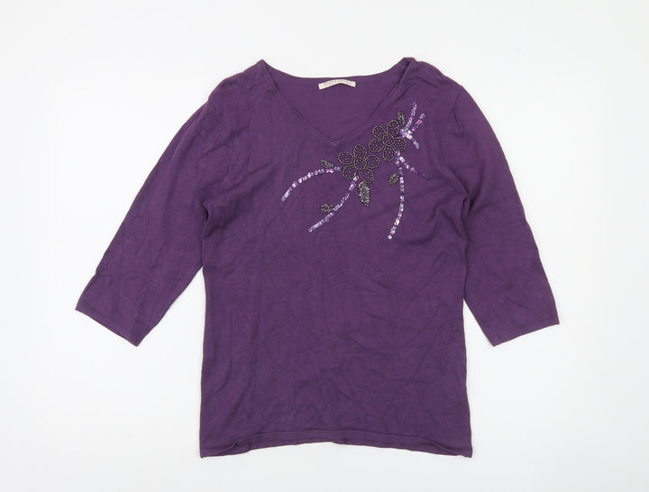 Anna Rose Women's Purple Embellished V-Neck 3/4 Sleeve Pullover Jumper S