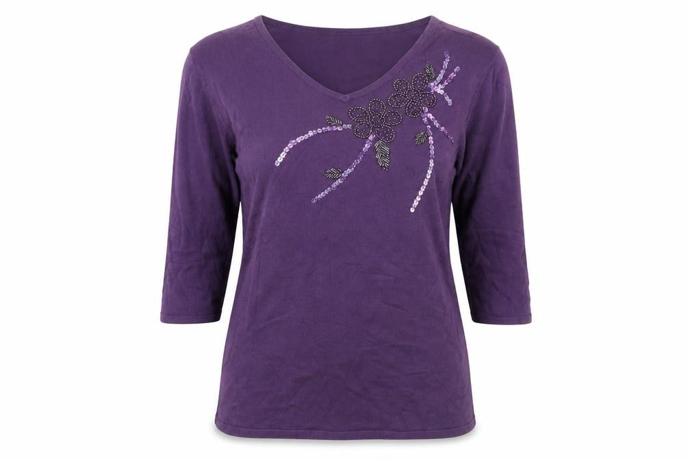 Front view of Anna Rose Women's Purple Embellished V-Neck 3/4 Sleeve jumper S