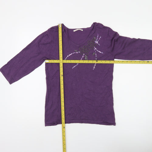 Anna Rose Women's Purple Embellished V-Neck 3/4 Sleeve Pullover Jumper S