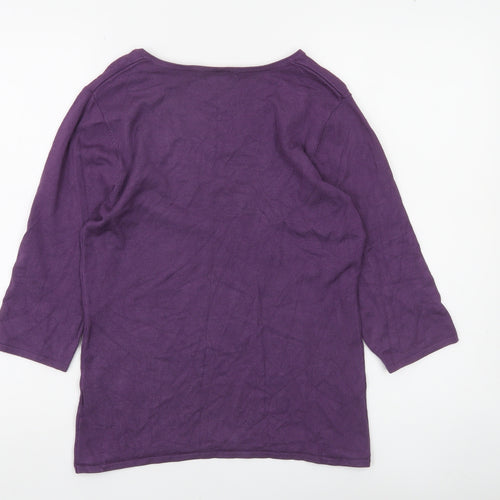 Anna Rose Women's Purple Embellished V-Neck 3/4 Sleeve Pullover Jumper S