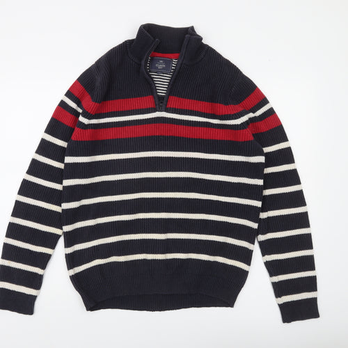 Atlantic Bay Men's Blue Striped Cotton 1/4 Zip Jumper Size M