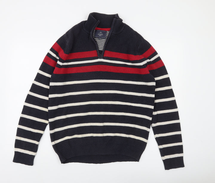 Atlantic Bay Men's Blue Striped Cotton 1/4 Zip Jumper Size M
