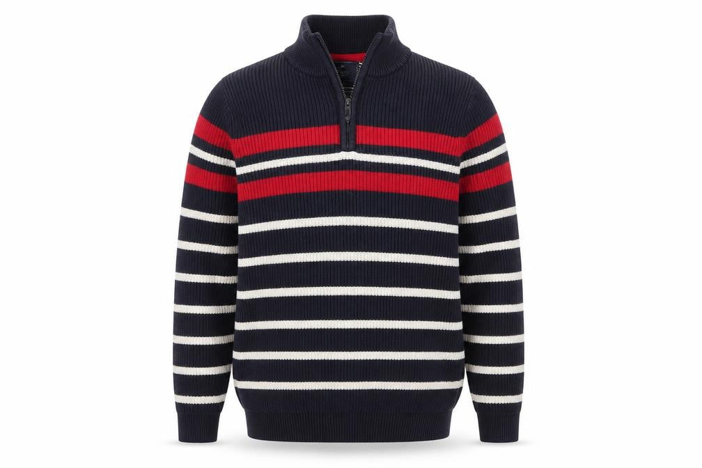 Atlantic Bay Men's Blue Striped Cotton 1/4 Zip Jumper Size M