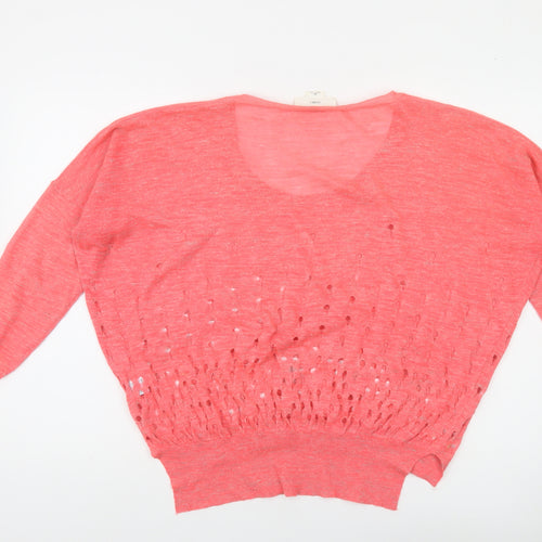 Charli Womens Pink Linen Blend Open Knit Scoop Neck Jumper Size S