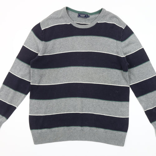 Maine New England Men's Grey Striped Cotton Crew Neck Jumper M