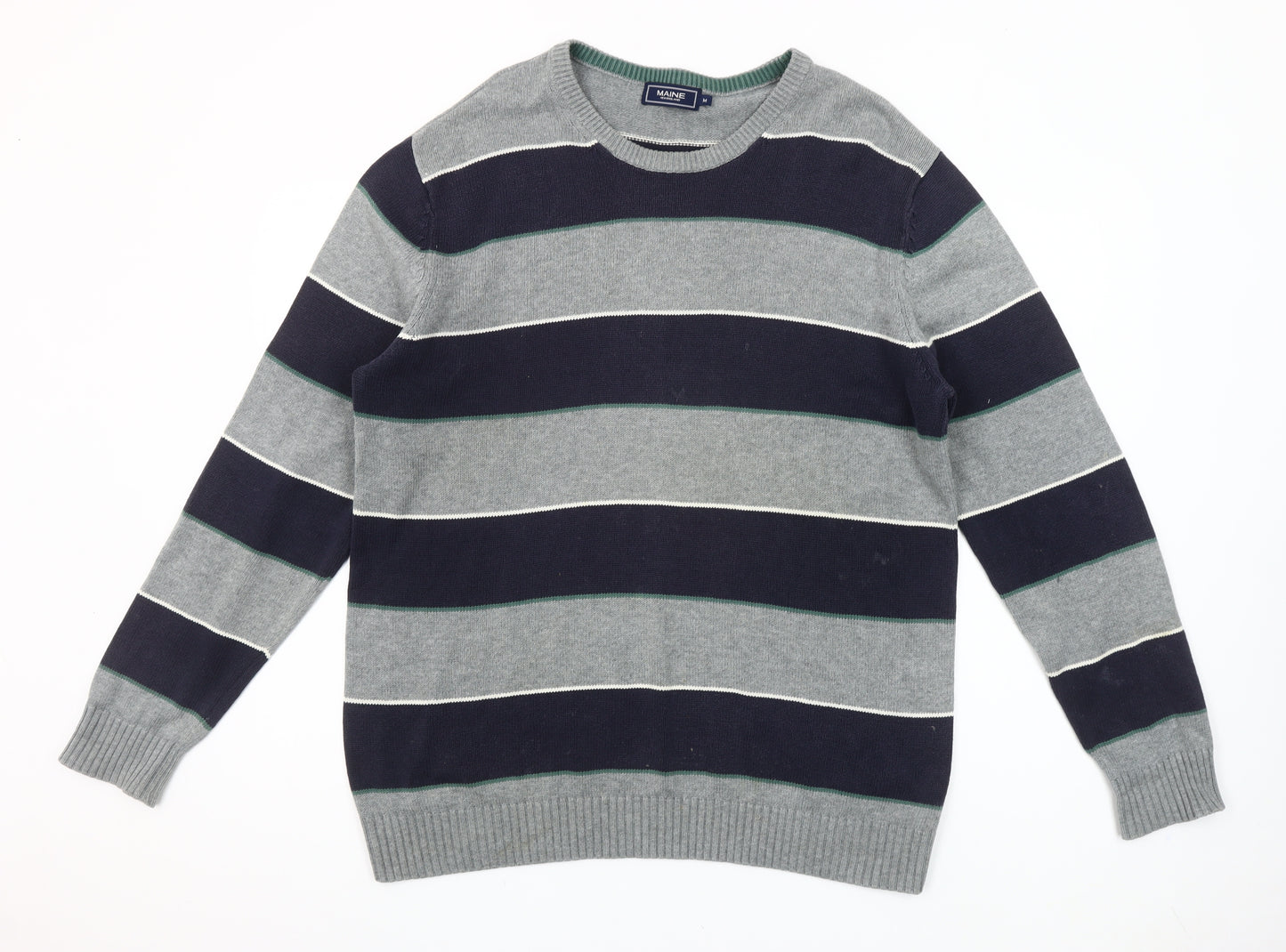 Maine New England Men's Grey Striped Cotton Crew Neck Jumper M