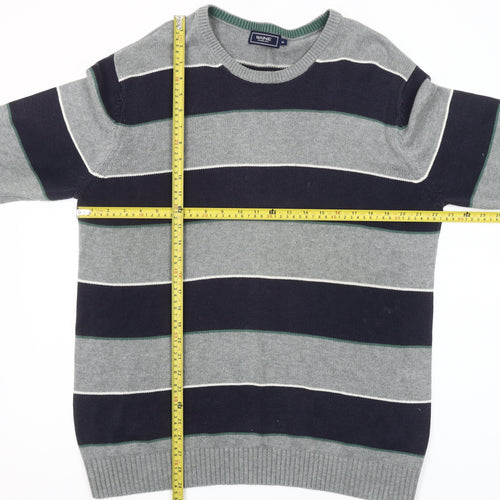 Maine New England Men's Grey Striped Cotton Crew Neck Jumper M