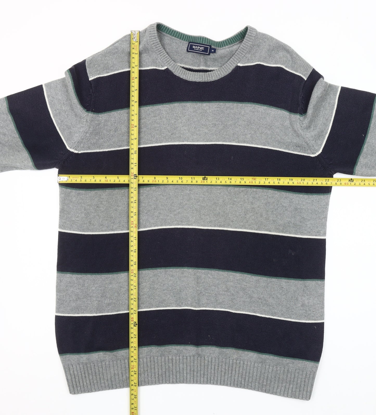 Maine New England Men's Grey Striped Cotton Crew Neck Jumper M