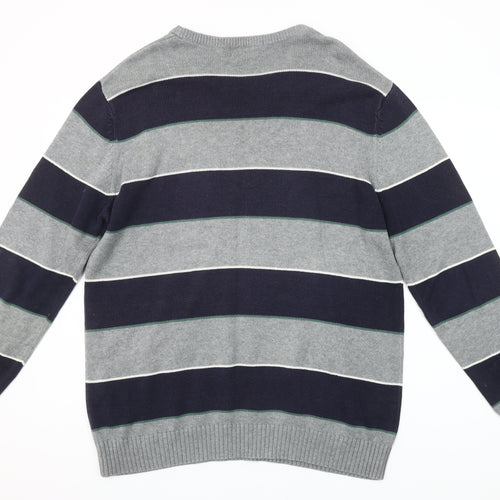 Maine New England Men's Grey Striped Cotton Crew Neck Jumper M