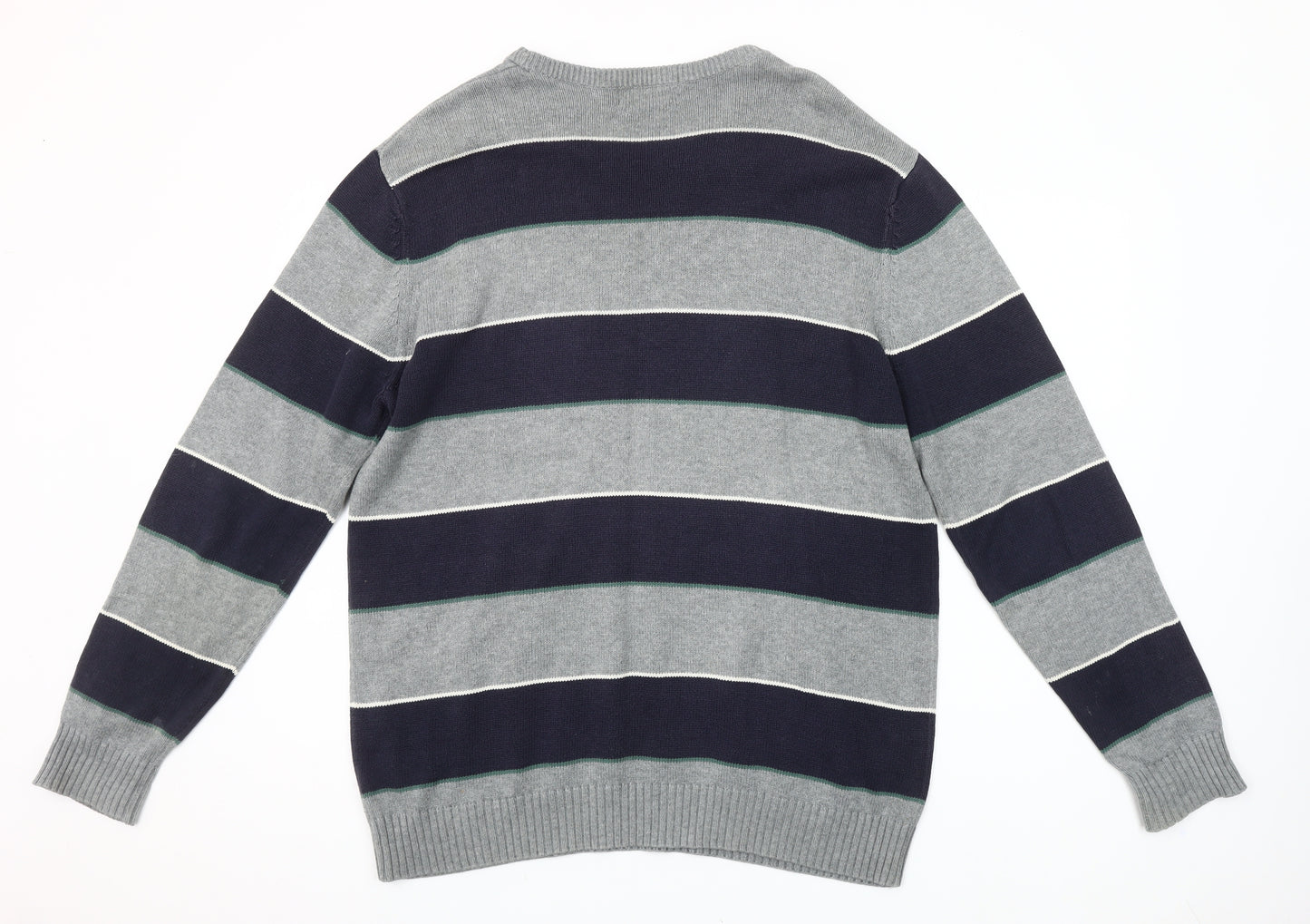 Maine New England Men's Grey Striped Cotton Crew Neck Jumper M