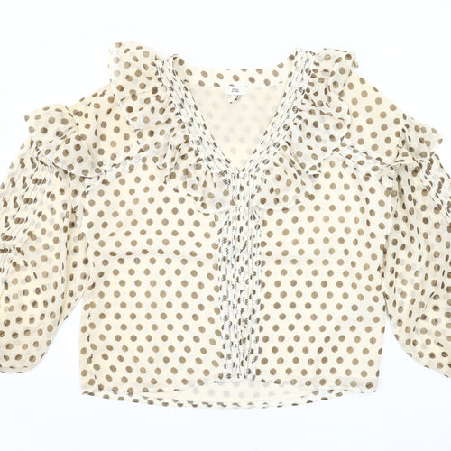 River Island Women Beige Polka Dot Ruffle Chiffon Blouse Size 10